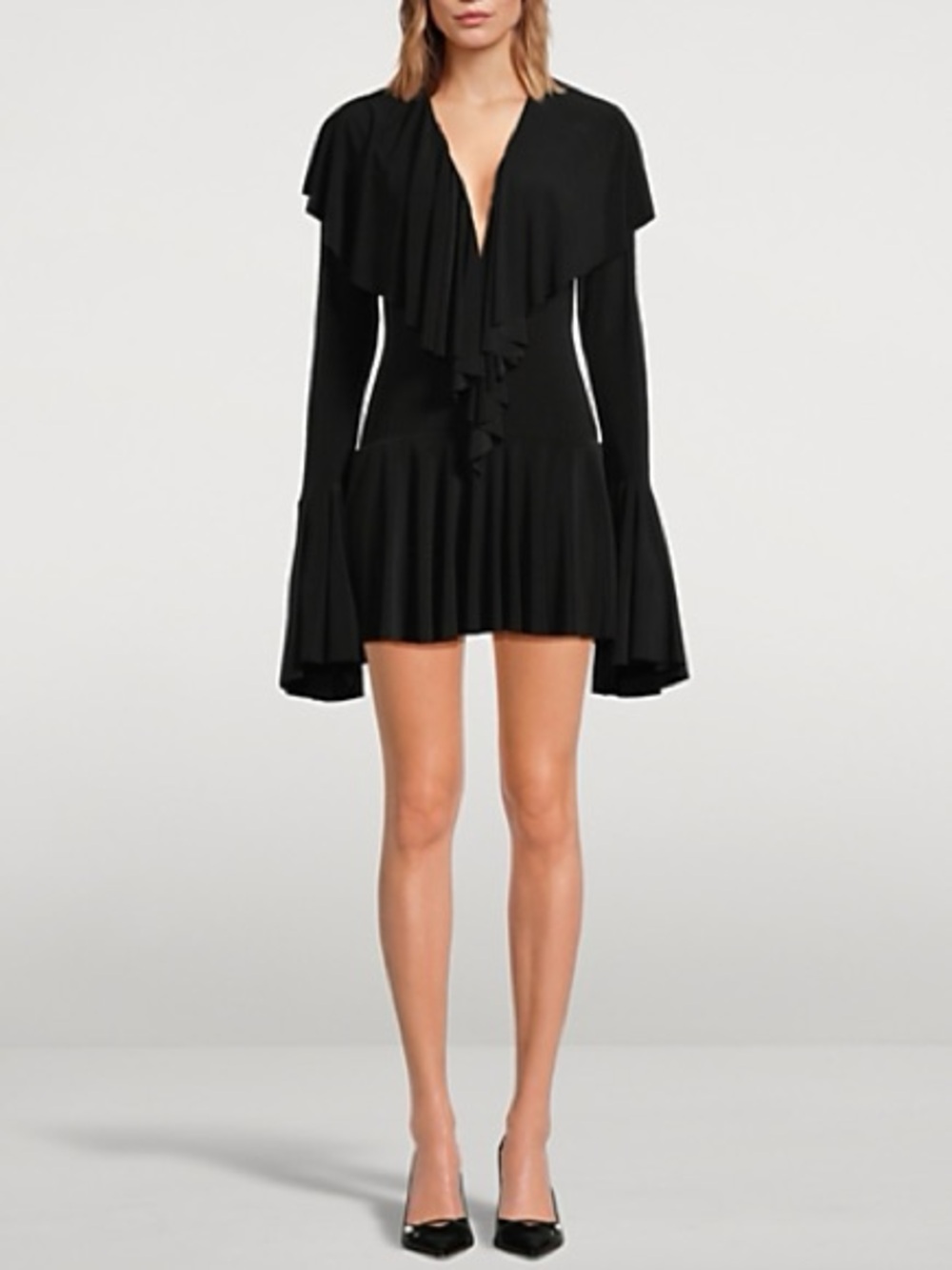 Norma Kamali Long Sleeve Deep V Ruffle Mini Dress in Black
